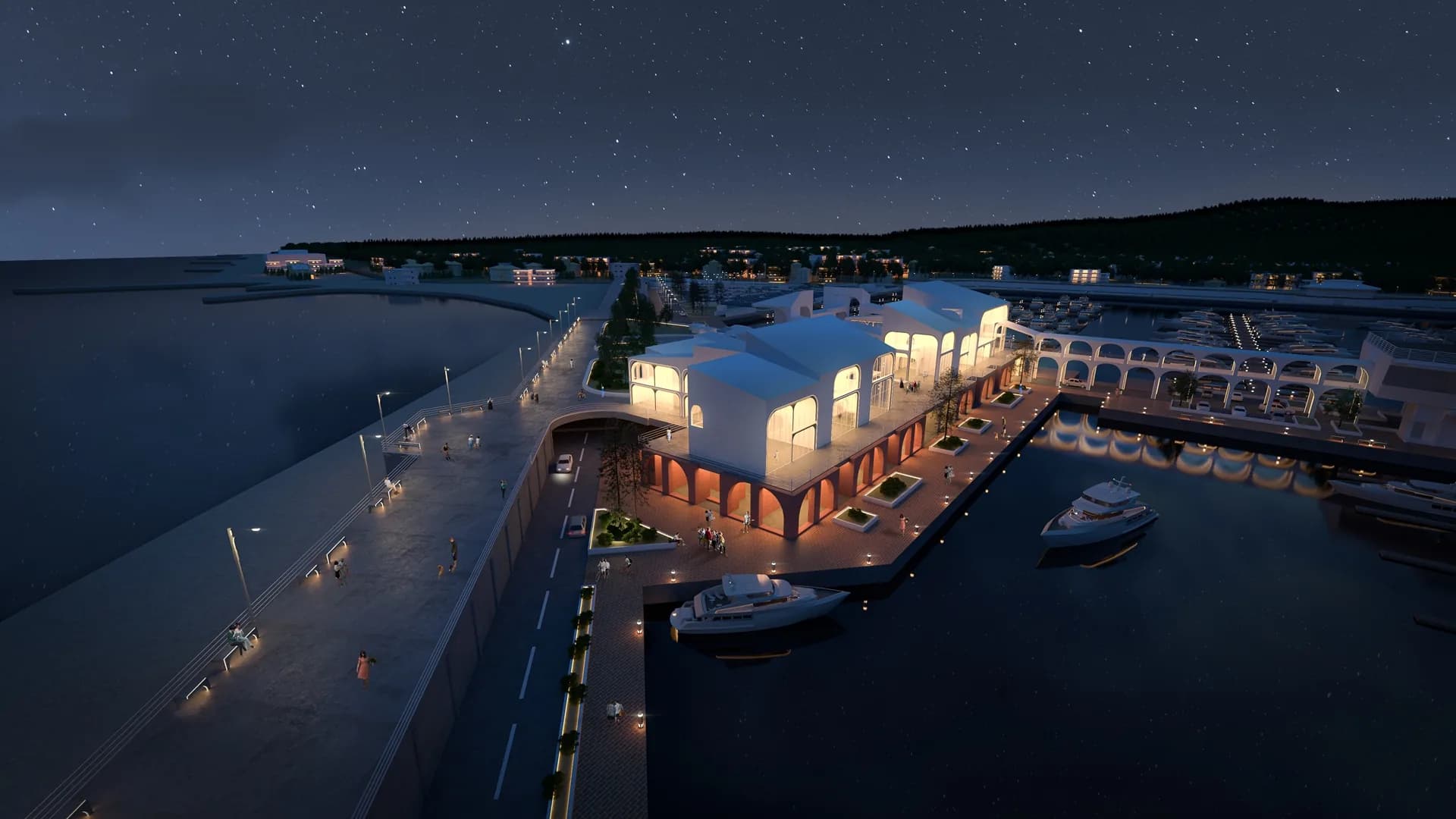 Marina complex at night