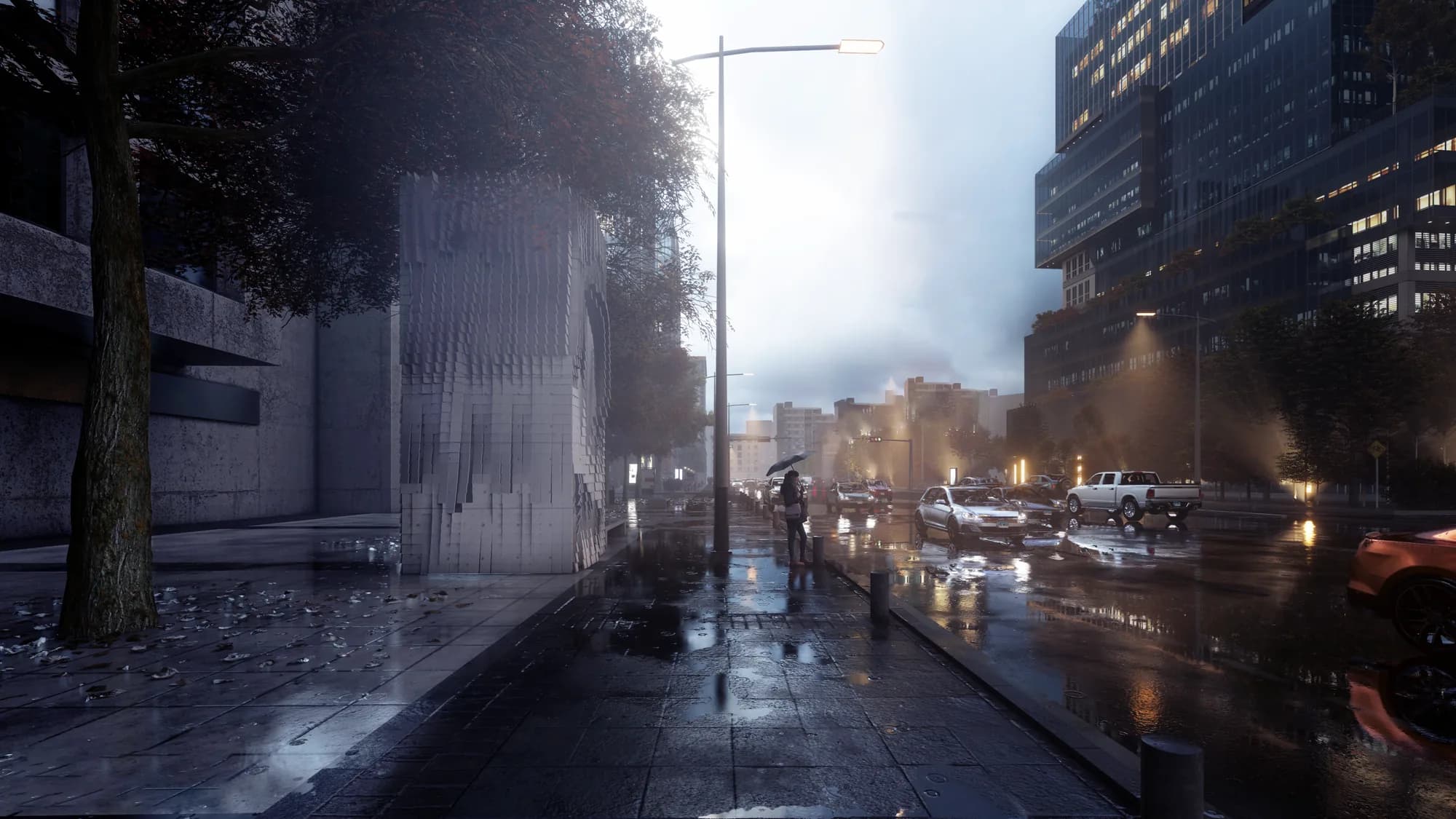 chamber on the street at dusk, after rain